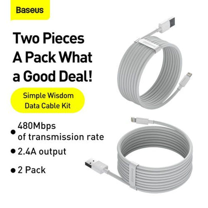 Baseus Lightning Simple Wisdom laidas (2 vnt./set) 2.4A 1.5m (TZCALZJ-02), balta spalva