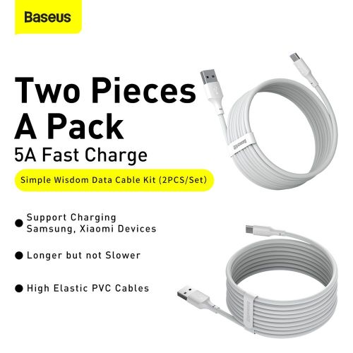 Baseus Type-C Simple Wisdom laidas (2 vnt./set), 5A, 1.5m, (TZCATZJ-02), balta spalva