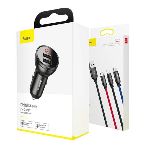 Baseus automobilinis įkroviklis skaitmeninis Display 2xUSB su 3-in-1 laidas 1.2m, 24 W 4.8A, / (TZCCBX-0G), juoda / pilka