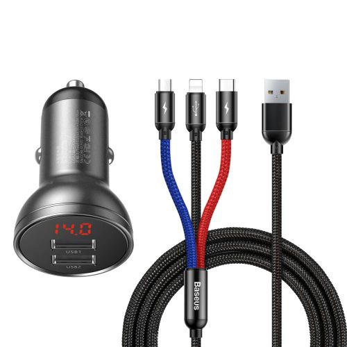 Baseus automobilinis įkroviklis skaitmeninis Display 2xUSB su 3-in-1 laidas 1.2m, 24 W 4.8A, / (TZCCBX-0G), juoda / pilka