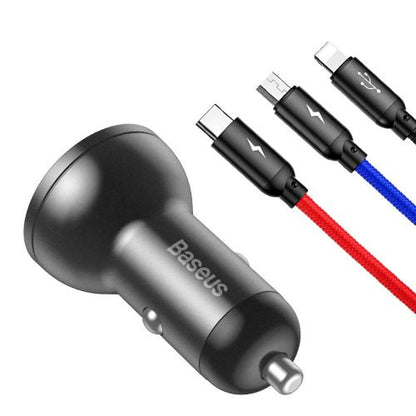 Baseus automobilinis įkroviklis skaitmeninis Display 2xUSB su 3-in-1 laidas 1.2m, 24 W 4.8A, / (TZCCBX-0G), juoda / pilka