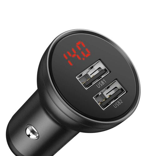 Baseus automobilinis įkroviklis skaitmeninis Display 2xUSB su 3-in-1 laidas 1.2m, 24 W 4.8A, / (TZCCBX-0G), juoda / pilka
