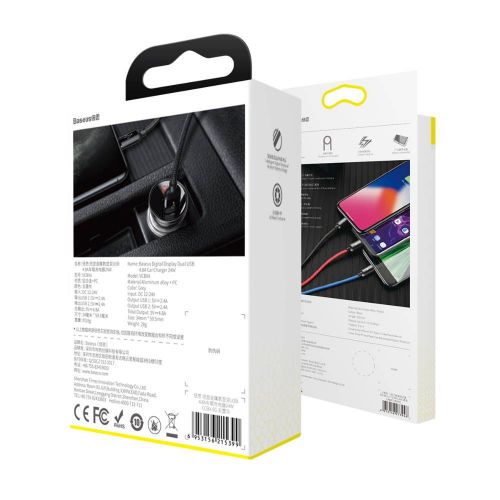 Baseus automobilinis įkroviklis skaitmeninis Display 2xUSB su 3-in-1 laidas 1.2m, 24 W 4.8A, / (TZCCBX-0G), juoda / pilka