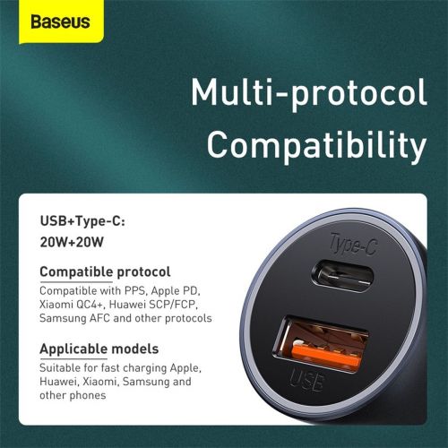 Baseus automobilinis įkroviklis Golden Contactor Pro Dual Quick įkroviklis U+C, PD 3.0, QC 4+, SCP FCP AFC (su Type-C