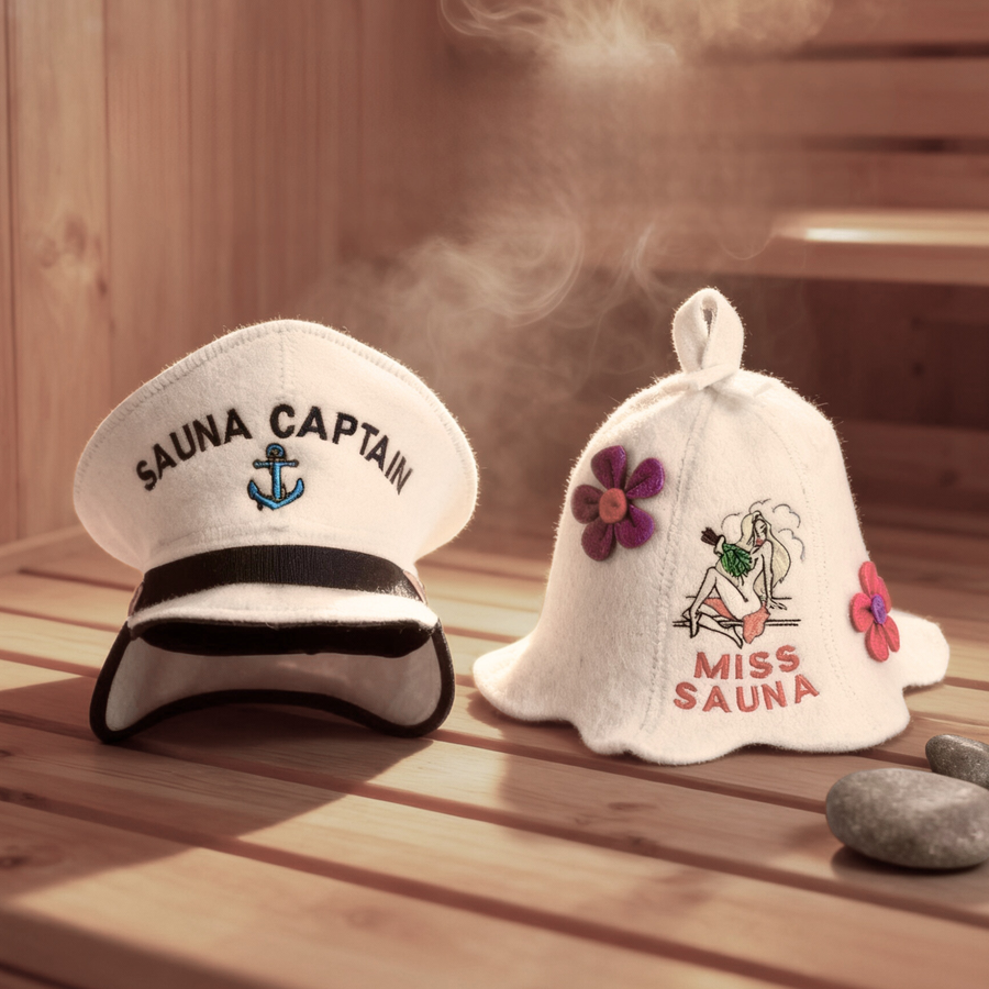 Sauna Hat “Sauna Captain” & Sauna Hat “Miss Sauna”100% Wool, Set of 2