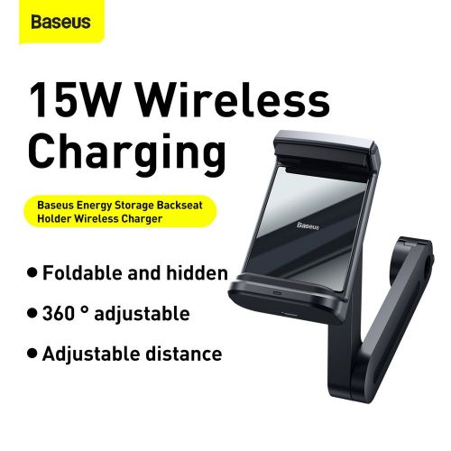 Baseus automobilinis laikiklis belaidis įkroviklis Energy Storage Backseat telefono laikiklis 15 W (WXHZ-01), juoda spalva