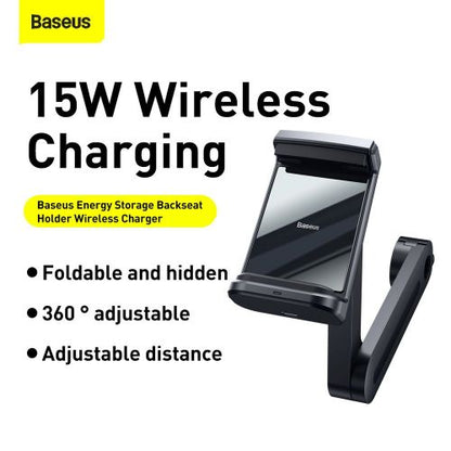 Baseus automobilinis laikiklis belaidis įkroviklis Energy Storage Backseat telefono laikiklis 15 W (WXHZ-01), juoda spalva