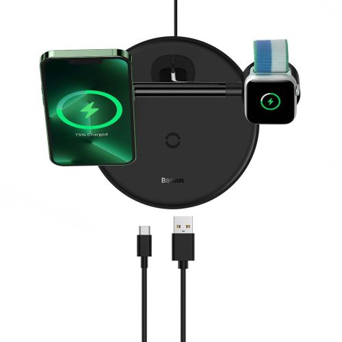 Baseus belaidis įkroviklis Swan stovas 3-in-1 magnetinis įkroviklis su TypeC laidas 15 W, 1m (WXTE000101), juoda spalva