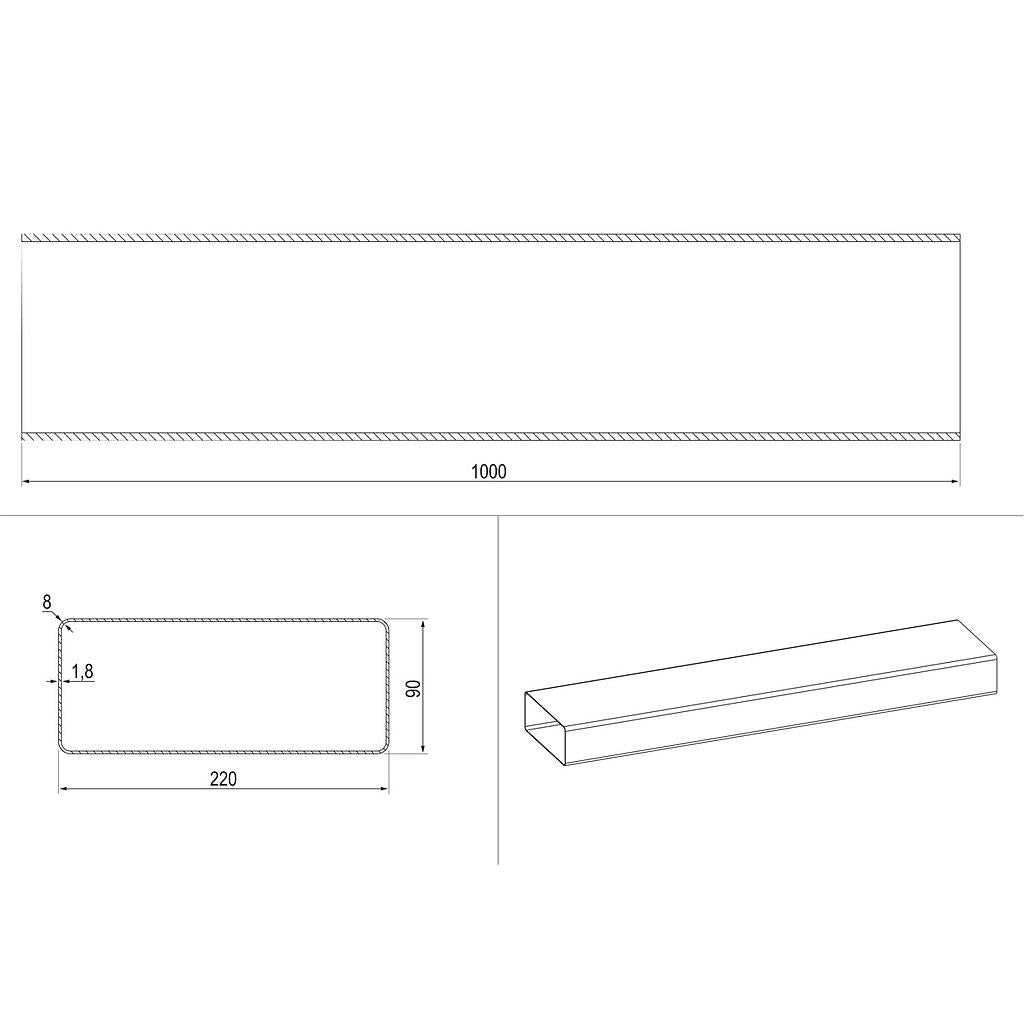 Pipe rectangular shape (220x90), 1m