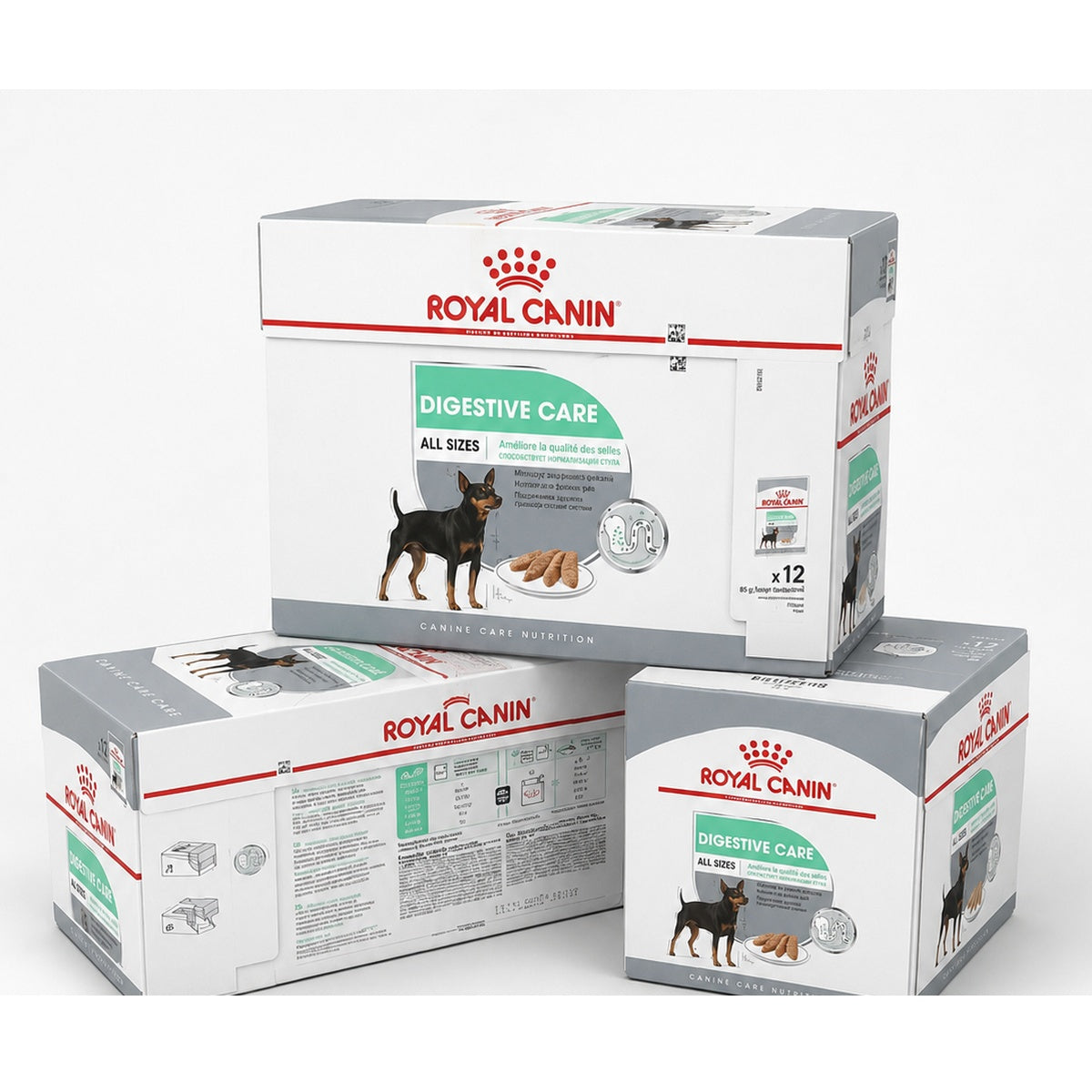 Three Royal Canin Digestive Care boxes from different angles