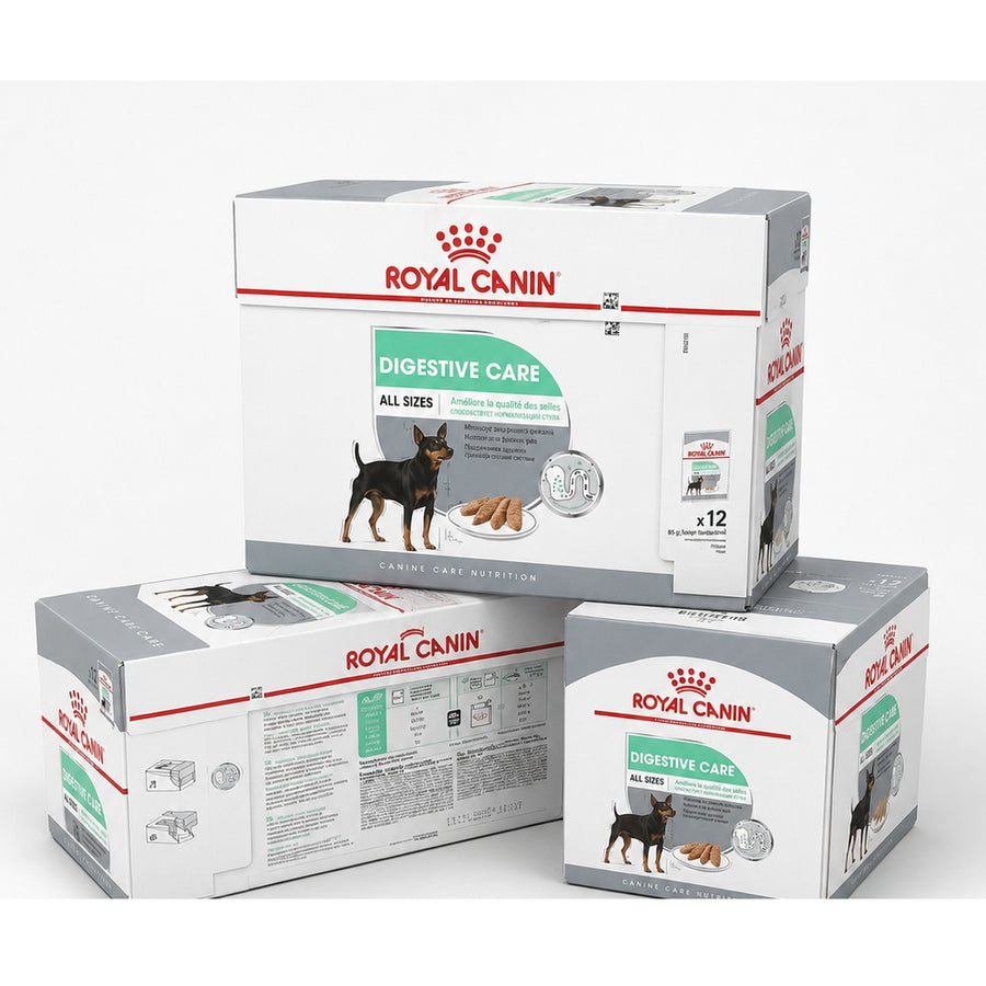 Three Royal Canin Digestive Care boxes from different angles
